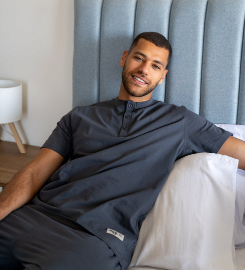 Men Summer Pajama Set Dark Grey Buttoned Tee + Pants